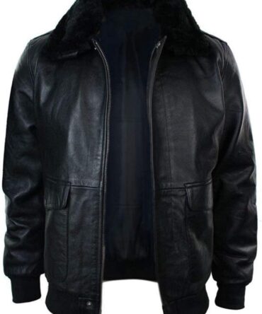 Mens G1 Fur Collar Black Bomber Flight Pilot Genuine Leather Jacket