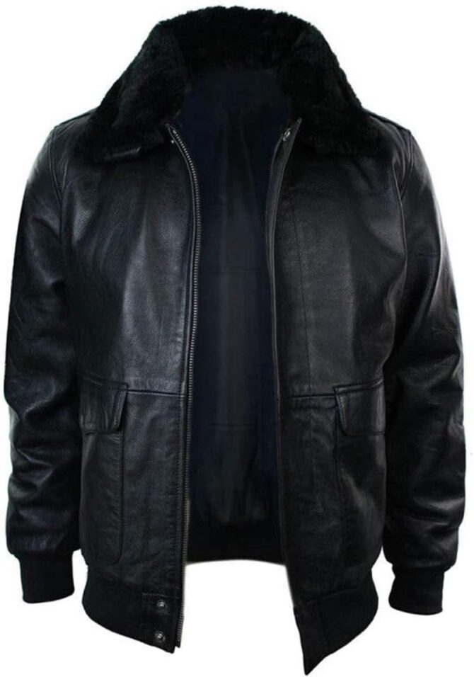 Mens G1 Fur Collar Black Bomber Flight Pilot Genuine Leather Jacket