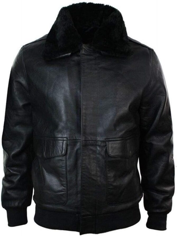 Mens G1 Fur Collar Black Bomber Flight Pilot Genuine Leather Jacket - Image 2