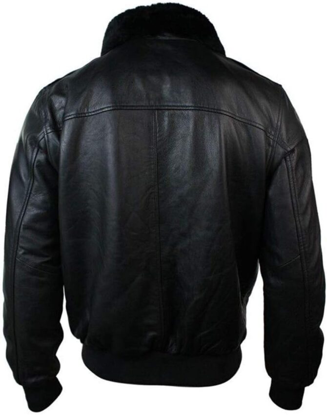 Mens G1 Fur Collar Black Bomber Flight Pilot Genuine Leather Jacket - Image 3