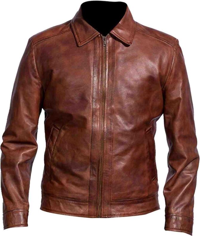 Mens Shirt Collar John Wick Motorcycle Biker Brown Genuine Leather Jacket