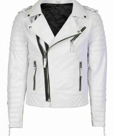 Mens Brando Asymmetrical Zipper Quilted Motorcycle Genuine Leather White Biker Jacket