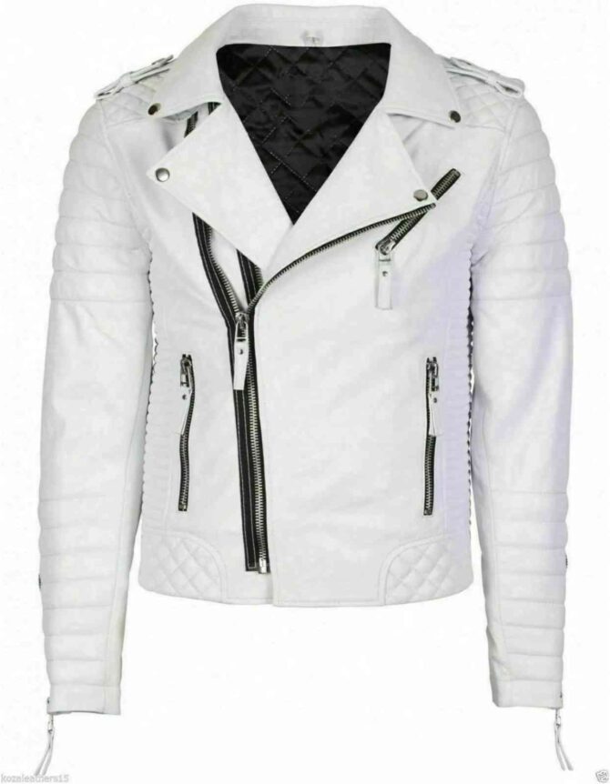Mens Brando Asymmetrical Zipper Quilted Motorcycle Genuine Leather White Biker Jacket