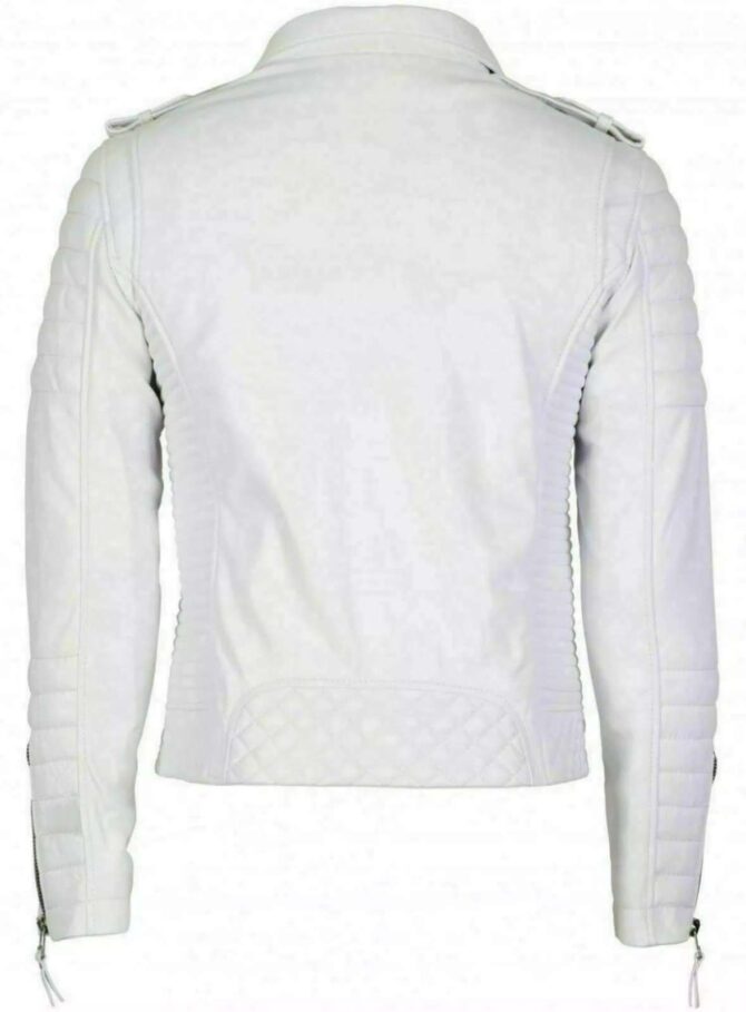 Mens Brando Asymmetrical Zipper Quilted Motorcycle Genuine Leather White Biker Jacket - Image 2