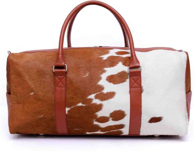 Cowhide Leather Animal Print Duffle Unisex Gym Hair on Duffle Tan and White Duffle