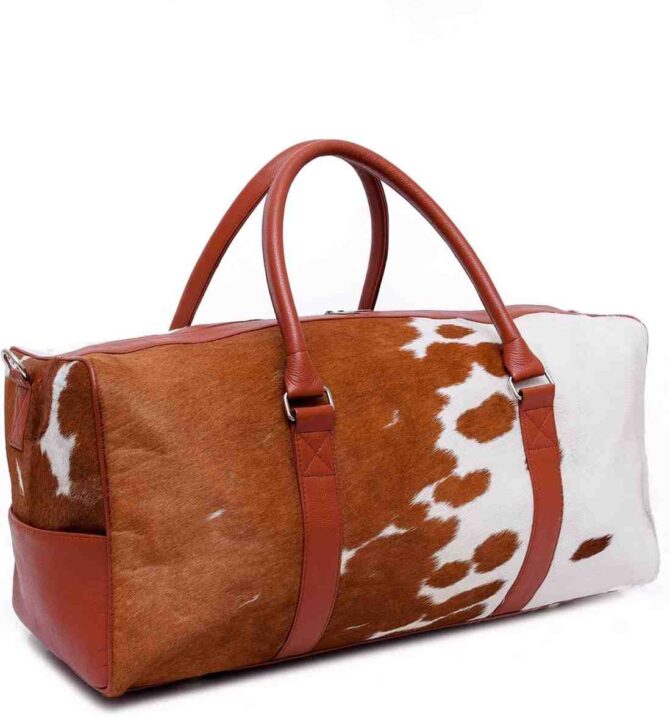 Cowhide Leather Animal Print Duffle Unisex Gym Hair on Duffle Tan and White Duffle - Image 2