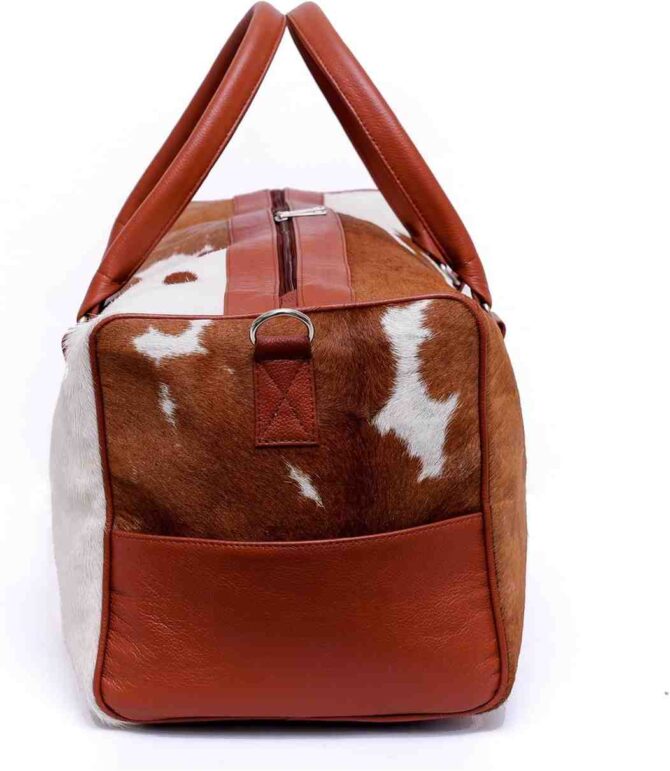 Cowhide Leather Animal Print Duffle Unisex Gym Hair on Duffle Tan and White Duffle - Image 3