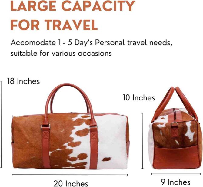 Cowhide Leather Animal Print Duffle Unisex Gym Hair on Duffle Tan and White Duffle - Image 4