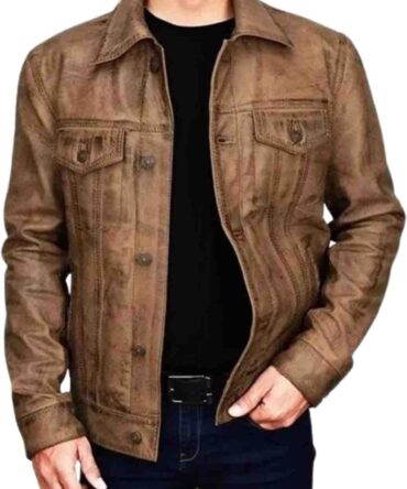 Mens Trucker Style Vintage Jacket Classic Style Real Lambskin Brown Distressed Leather Jacket