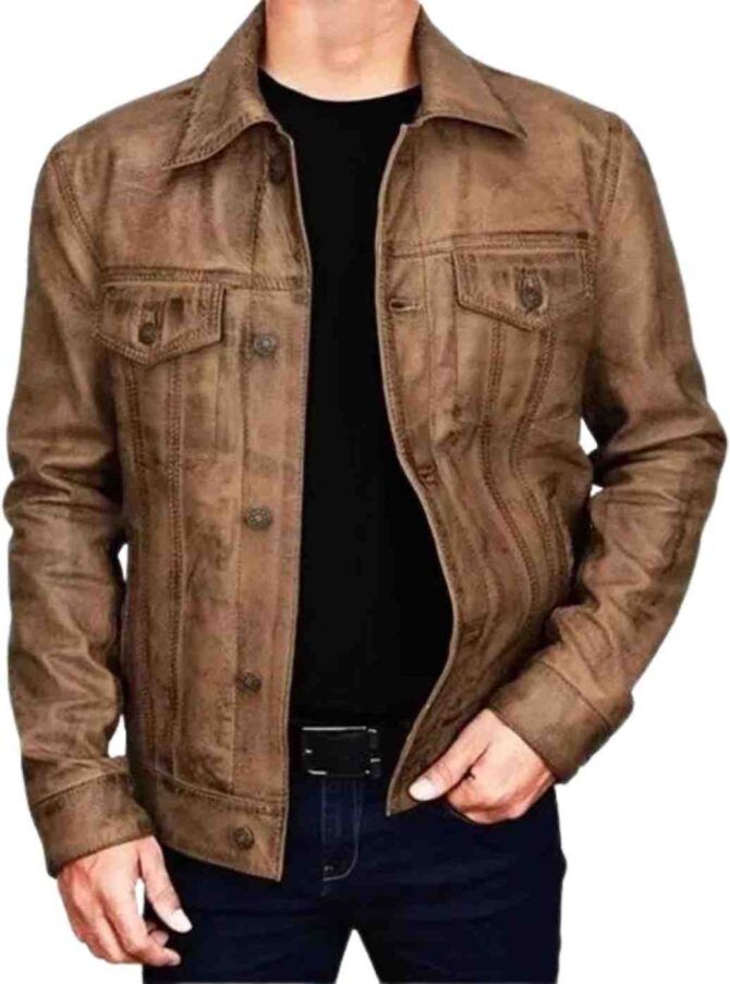 Mens Trucker Style Vintage Jacket Classic Style Real Lambskin Brown Distressed Leather Jacket