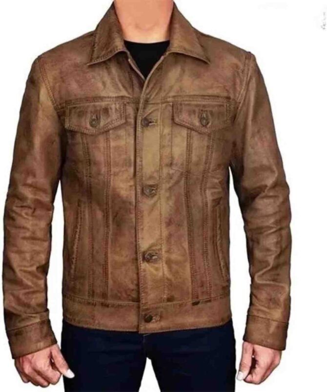 Mens Trucker Style Vintage Jacket Classic Style Real Lambskin Brown Distressed Leather Jacket - Image 2