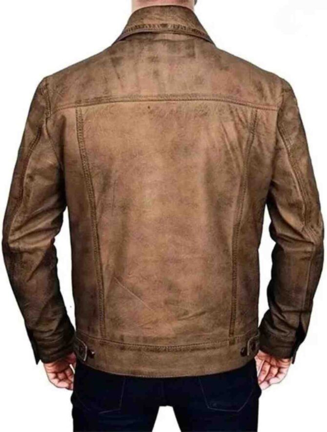 Mens Trucker Style Vintage Jacket Classic Style Real Lambskin Brown Distressed Leather Jacket - Image 3