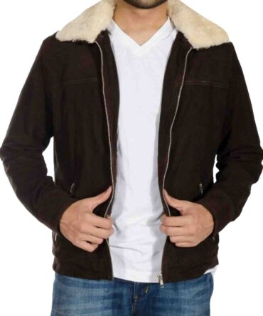 Andrew Lincoln Walking Dead S5 Rick Grimes Fur Collar Brown Suede Leather Jacket