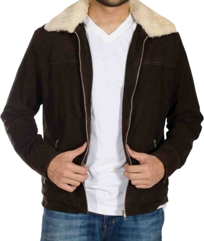 Andrew Lincoln Walking Dead S5 Rick Grimes Fur Collar Brown Suede Leather Jacket