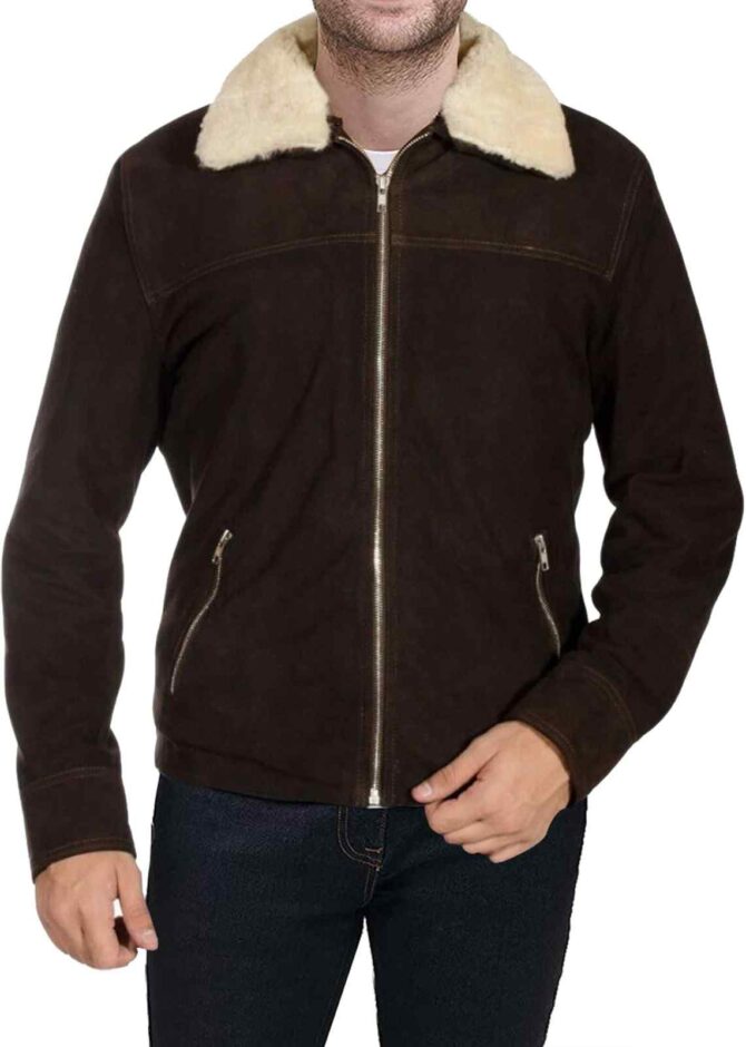 Andrew Lincoln Walking Dead S5 Rick Grimes Fur Collar Brown Suede Leather Jacket - Image 2
