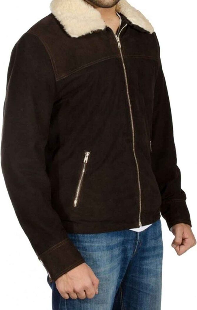 Andrew Lincoln Walking Dead S5 Rick Grimes Fur Collar Brown Suede Leather Jacket - Image 3