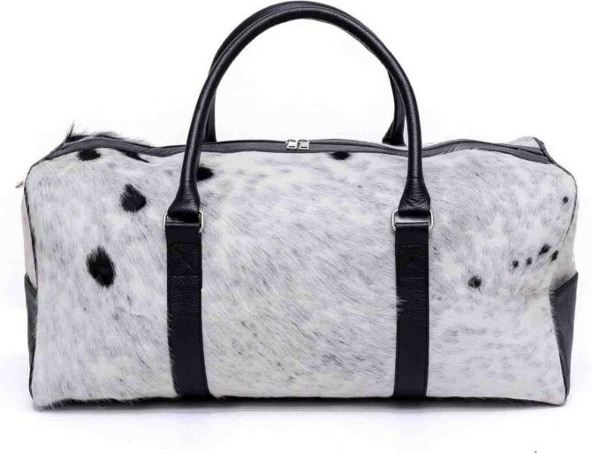 Unisex Duffel Bag Large Size Travel Duffle Luxurious Cowhide Bag White Hair On Duffle Premium Quality Weekender Overnight Bag
