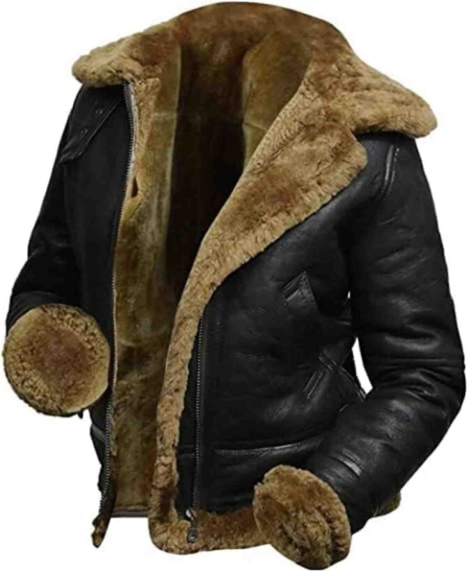 Womens B3 Brown Fur Shearling WW2 Aviator Winter Black Leather Hooded Jacket - Image 3