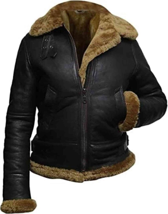 Womens B3 Brown Fur Shearling WW2 Aviator Winter Black Leather Hooded Jacket - Image 2