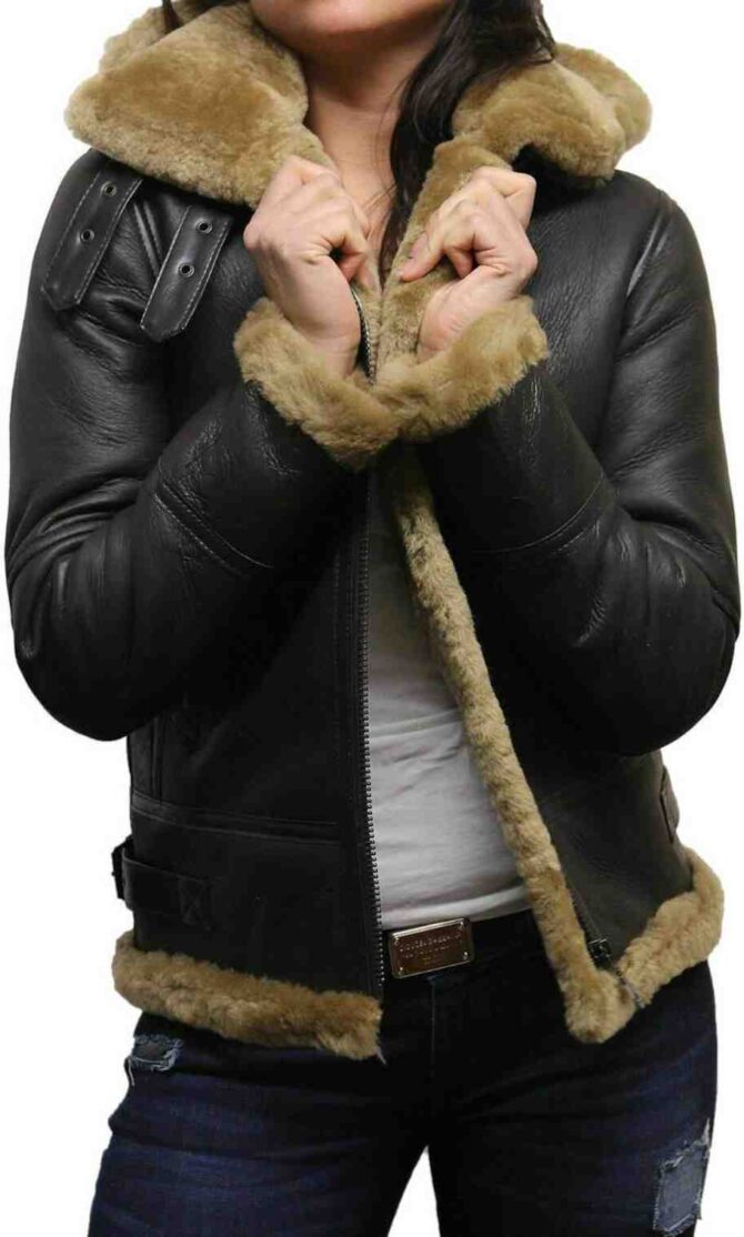 Womens B3 Brown Fur Shearling WW2 Aviator Winter Black Leather Hooded Jacket