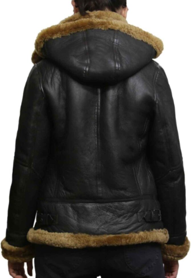 Womens B3 Brown Fur Shearling WW2 Aviator Winter Black Leather Hooded Jacket - Image 4