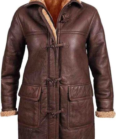 Womens Mid Length Winter Duffle Coat - Detachable Hood Fur Shearling B3 Sheepskin Leather Bomber Jacket