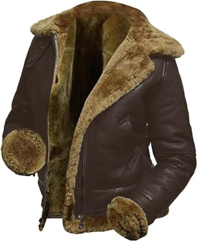 Womens B3 Brown Fur Shearling WW2 Aviator Winter Brown Leather Hooded Jacket - Image 2