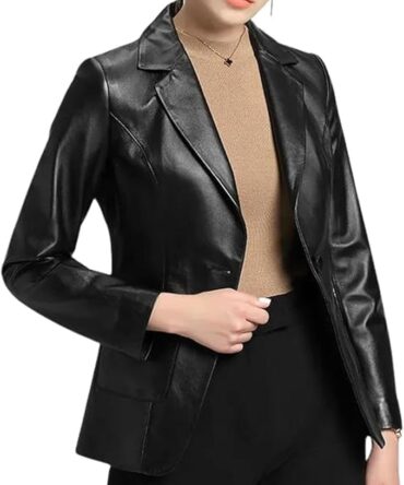 2-Button Lambskin Leather Black Blazer Women - Casual Coat Long Sleeves Leather Jacket Suit Style for Women