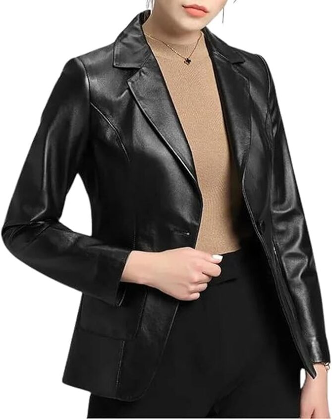 2-Button Lambskin Leather Black Blazer Women - Casual Coat Long Sleeves Leather Jacket Suit Style for Women