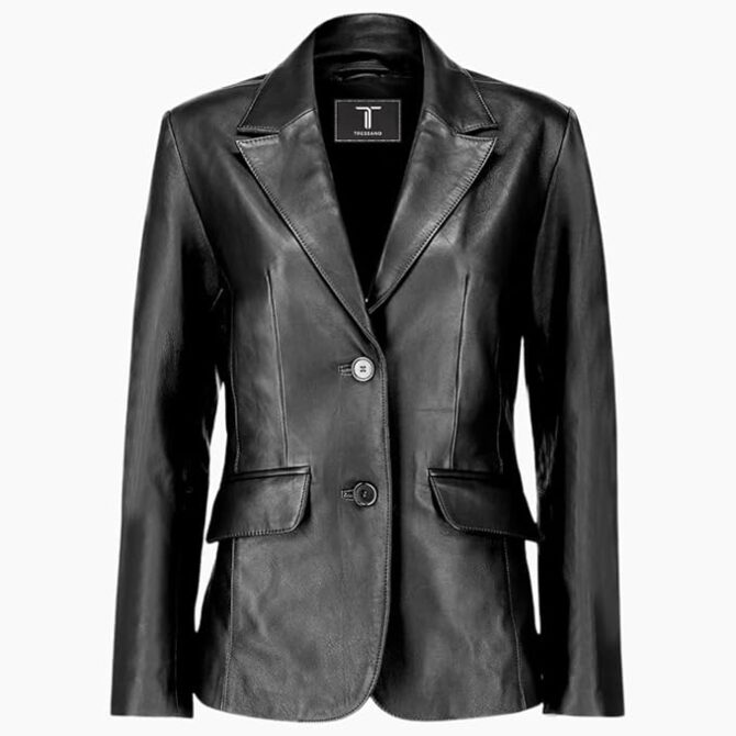 2-Button Lambskin Leather Black Blazer Women - Casual Coat Long Sleeves Leather Jacket Suit Style for Women - Image 2