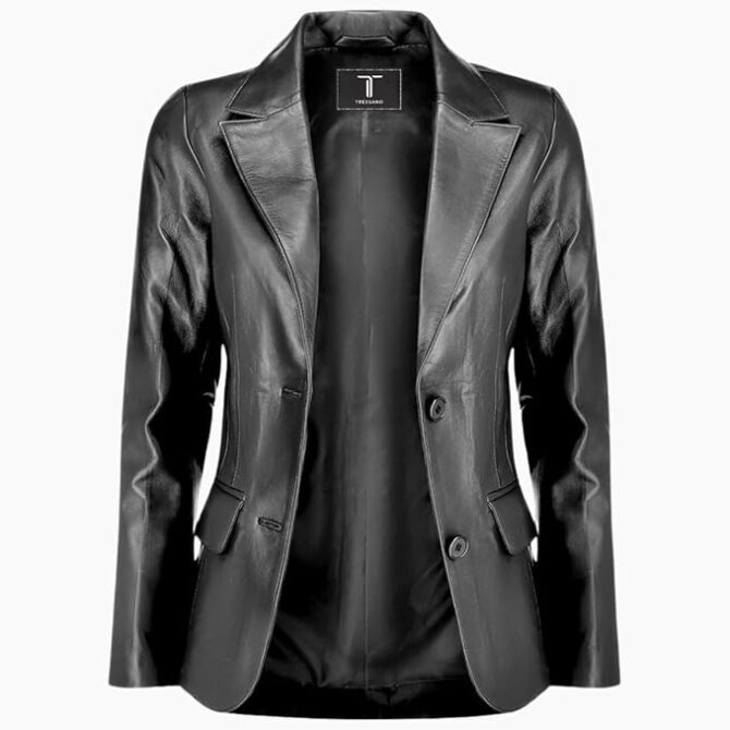 2-Button Lambskin Leather Black Blazer Women - Casual Coat Long Sleeves Leather Jacket Suit Style for Women - Image 3