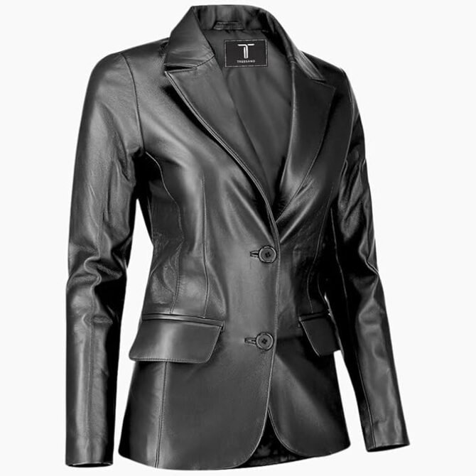 2-Button Lambskin Leather Black Blazer Women - Casual Coat Long Sleeves Leather Jacket Suit Style for Women - Image 4