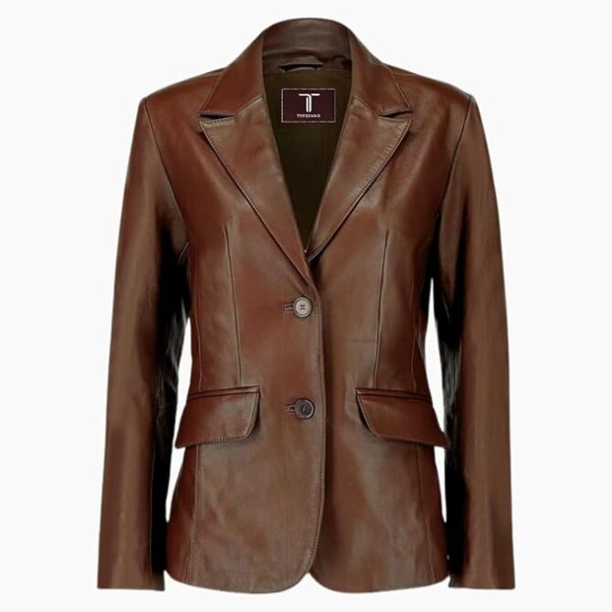 2-Button Lambskin Leather Brown Blazer Women - Casual Coat Long Sleeves Leather Jacket Suit Style for Women - Image 4