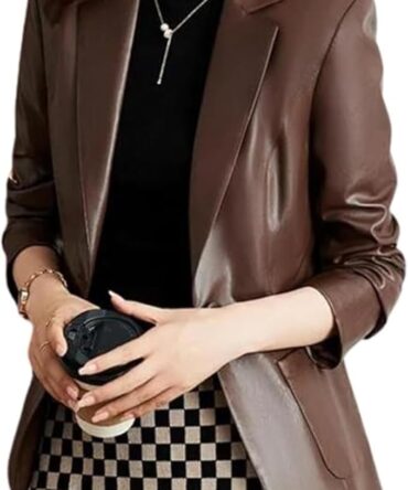 2-Button Lambskin Leather Brown Blazer Women - Casual Coat Long Sleeves Leather Jacket Suit Style for Women