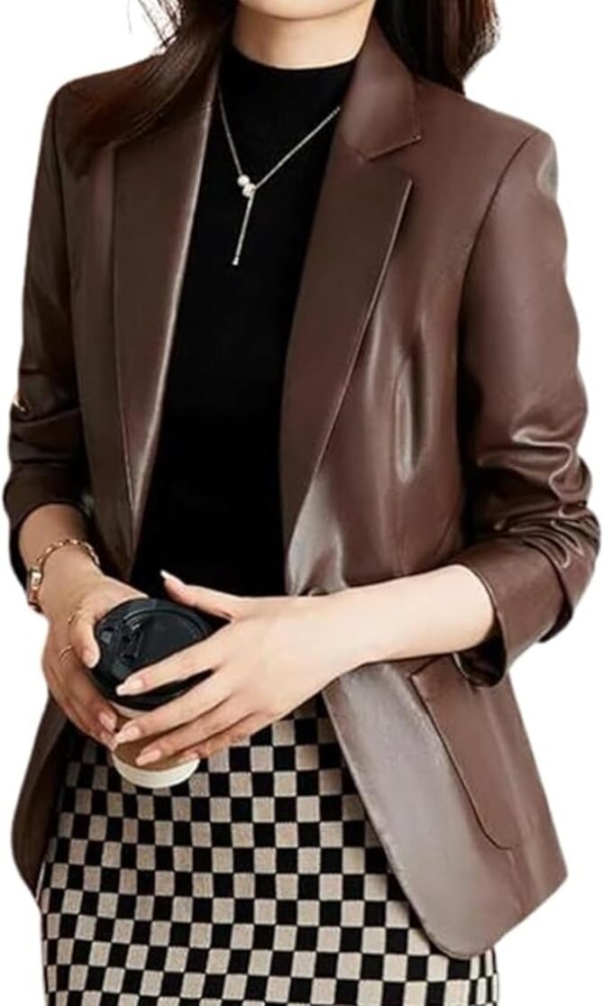 2-Button Lambskin Leather Brown Blazer Women - Casual Coat Long Sleeves Leather Jacket Suit Style for Women