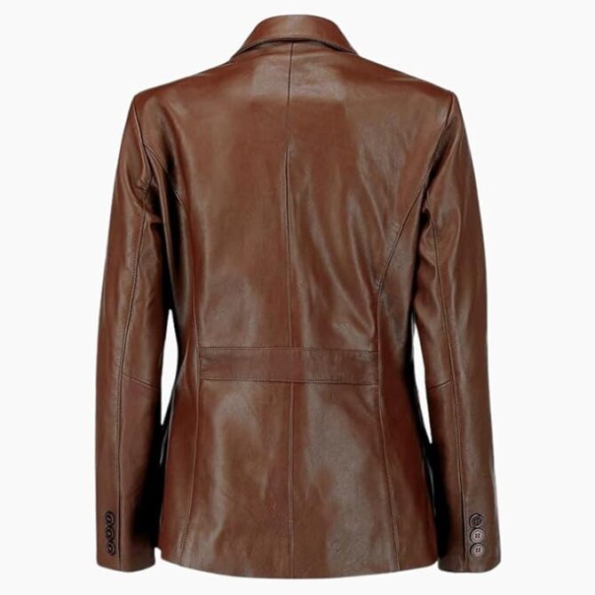 2-Button Lambskin Leather Brown Blazer Women - Casual Coat Long Sleeves Leather Jacket Suit Style for Women - Image 3