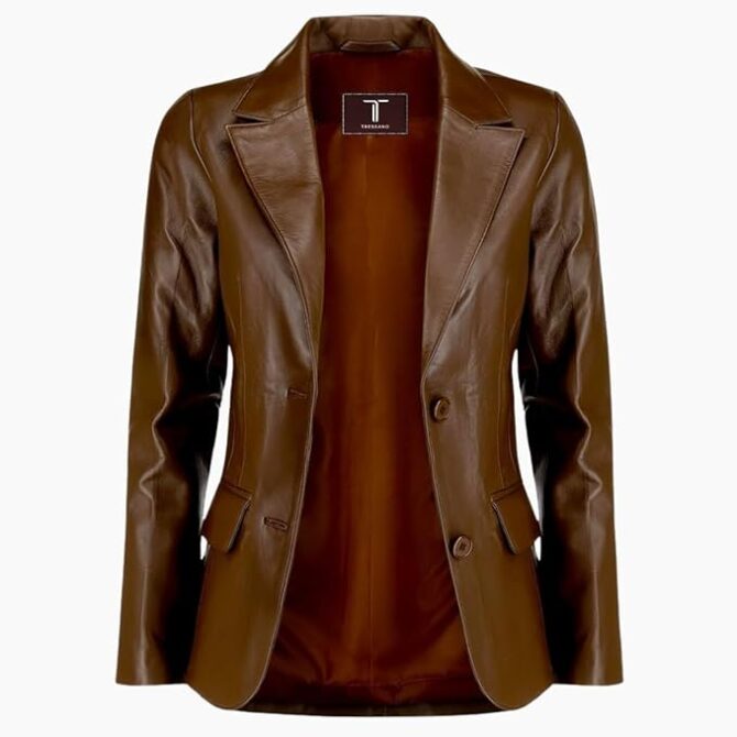 2-Button Lambskin Leather Brown Blazer Women - Casual Coat Long Sleeves Leather Jacket Suit Style for Women - Image 2