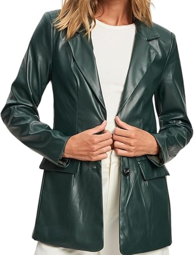 2-Button Lambskin Leather Blazer Women - Casual Coat Long Sleeves Leather Jacket Suit Style for Women