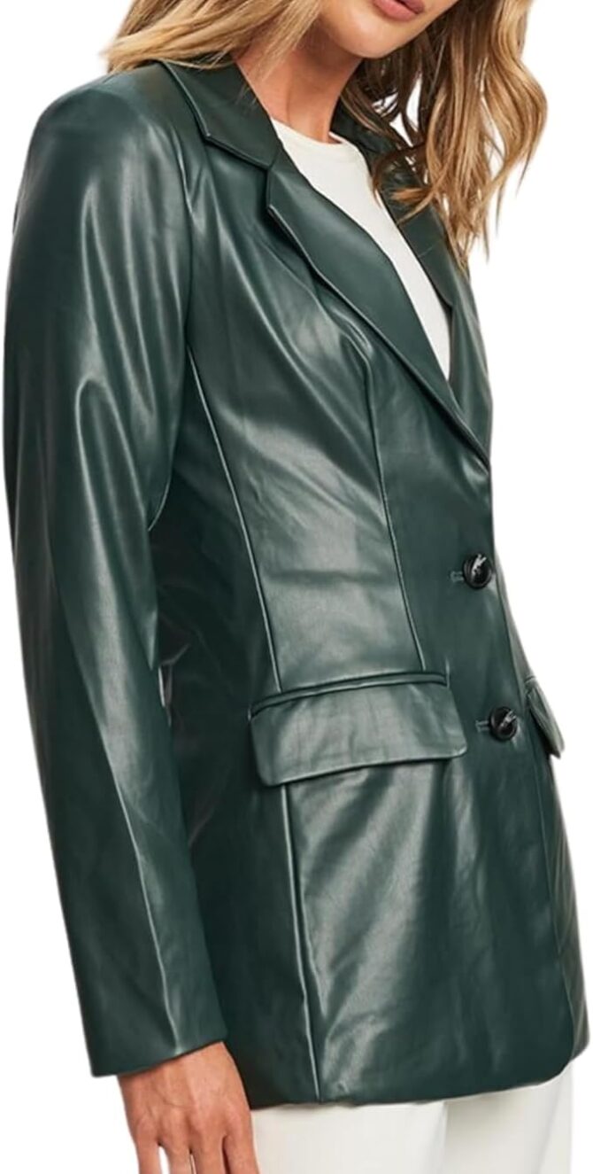 2-Button Lambskin Leather Blazer Women - Casual Coat Long Sleeves Leather Jacket Suit Style for Women - Image 2