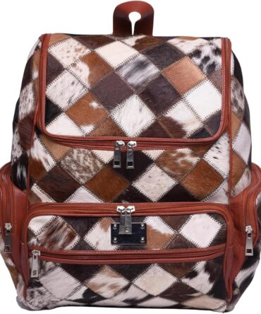 Unisex Cowhide Tan Leather Bag Womens Travel Bag Cowhide Diaper Bag with Multipatches