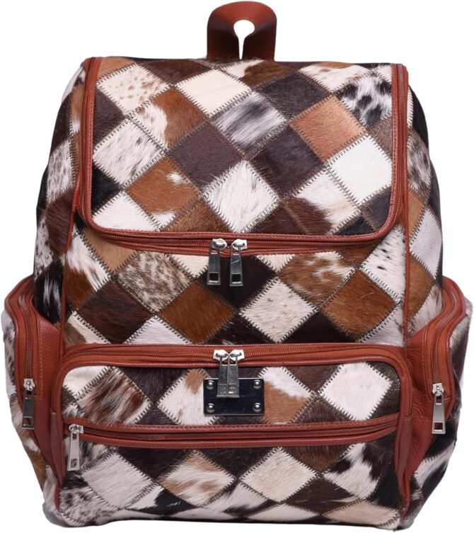Unisex Cowhide Tan Leather Bag Womens Travel Bag Cowhide Diaper Bag with Multipatches