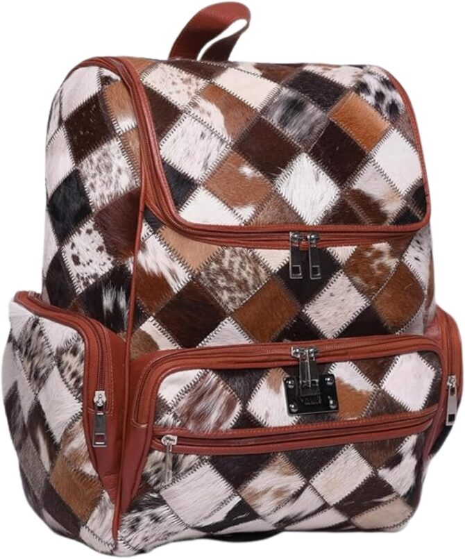 Unisex Cowhide Tan Leather Bag Womens Travel Bag Cowhide Diaper Bag with Multipatches - Image 2
