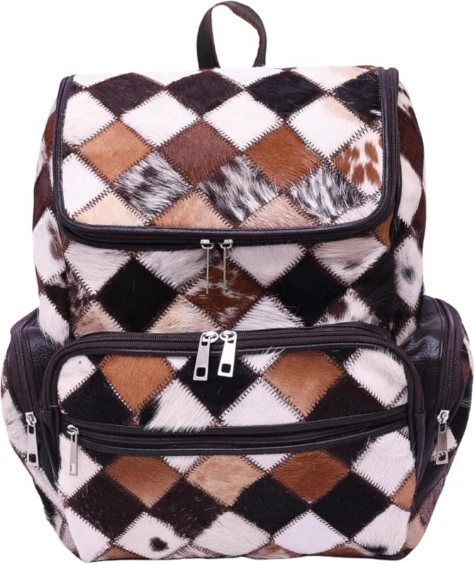 Unisex Cowhide Brown Leather Bag Womens Travel Bag Cowhide Diaper Bag with Multipatches