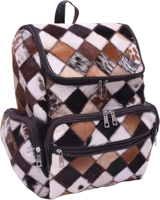 Unisex Cowhide Brown Leather Bag Womens Travel Bag Cowhide Diaper Bag with Multipatches - Image 2