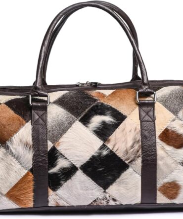 Genuine Cowhide Leather Patchwork Duffle Bag, Travel Weekender Bag with Handles, Multi-Color