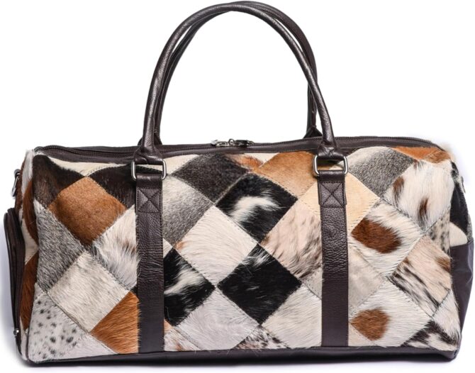 Genuine Cowhide Leather Patchwork Duffle Bag, Travel Weekender Bag with Handles, Multi-Color