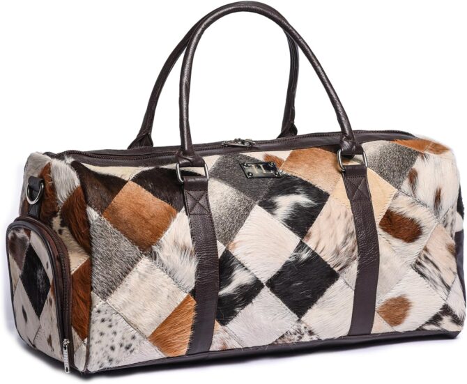 Genuine Cowhide Leather Patchwork Duffle Bag, Travel Weekender Bag with Handles, Multi-Color - Image 2