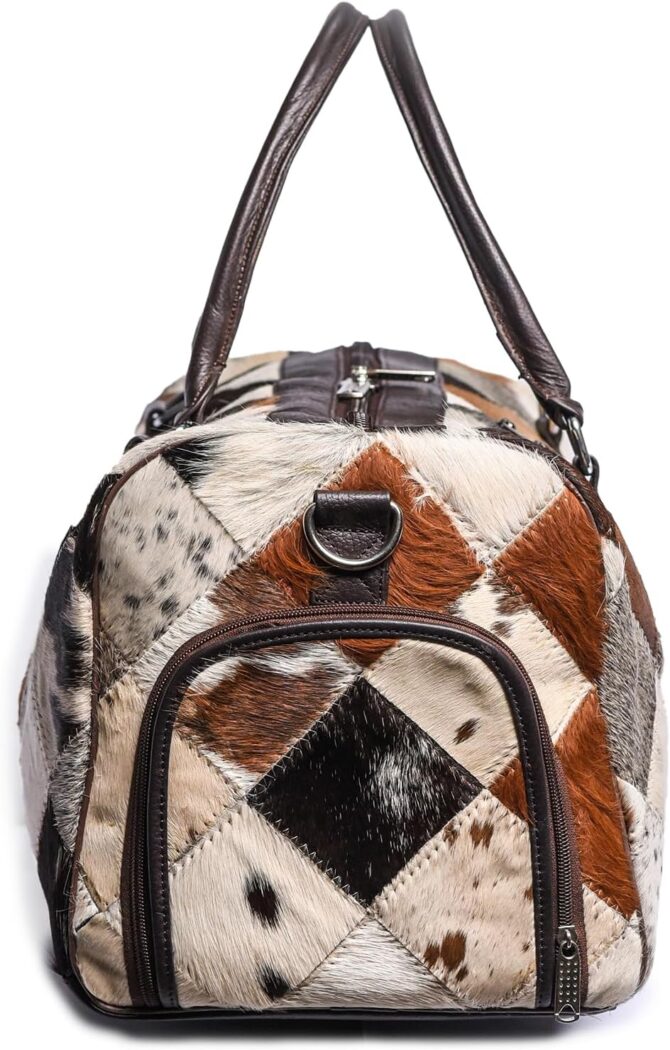 Genuine Cowhide Leather Patchwork Duffle Bag, Travel Weekender Bag with Handles, Multi-Color - Image 3