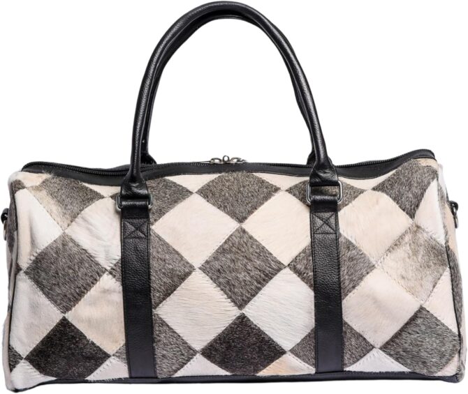 Unisex Cowhide Leather Duffel Bag Animal Print Silver Patch Travel Weekender Overnight Gym Bag