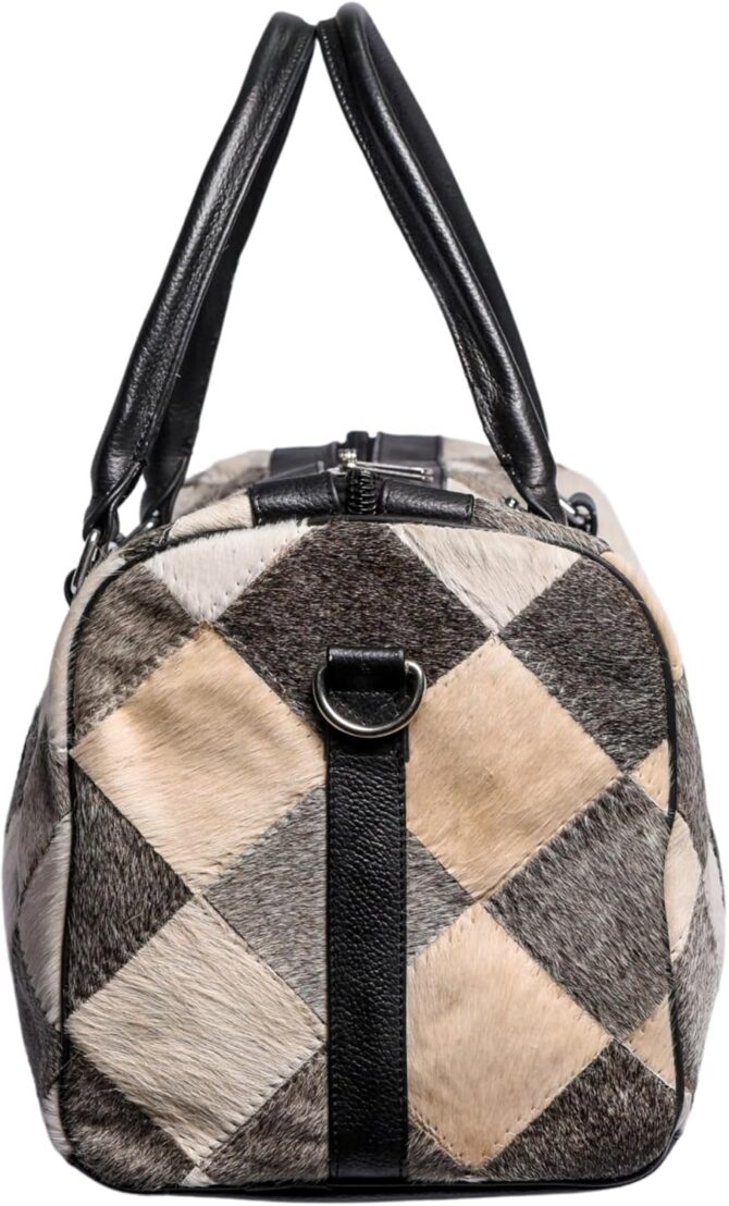 Unisex Cowhide Leather Duffel Bag Animal Print Silver Patch Travel Weekender Overnight Gym Bag - Image 4